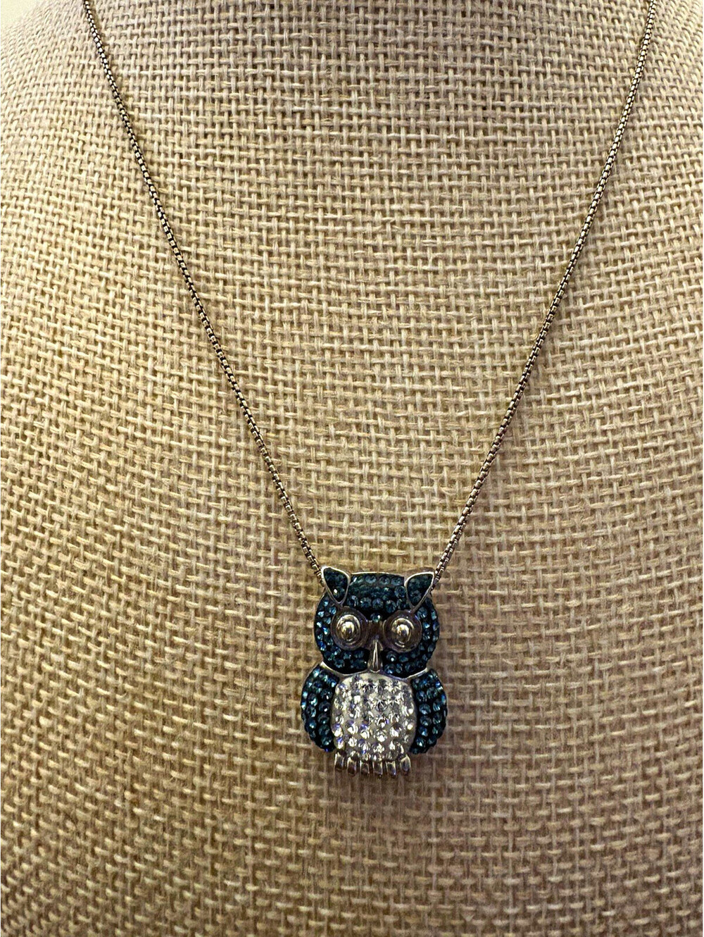 Estate Sterling Silver Owl  Necklace Blue rhinestones 16”